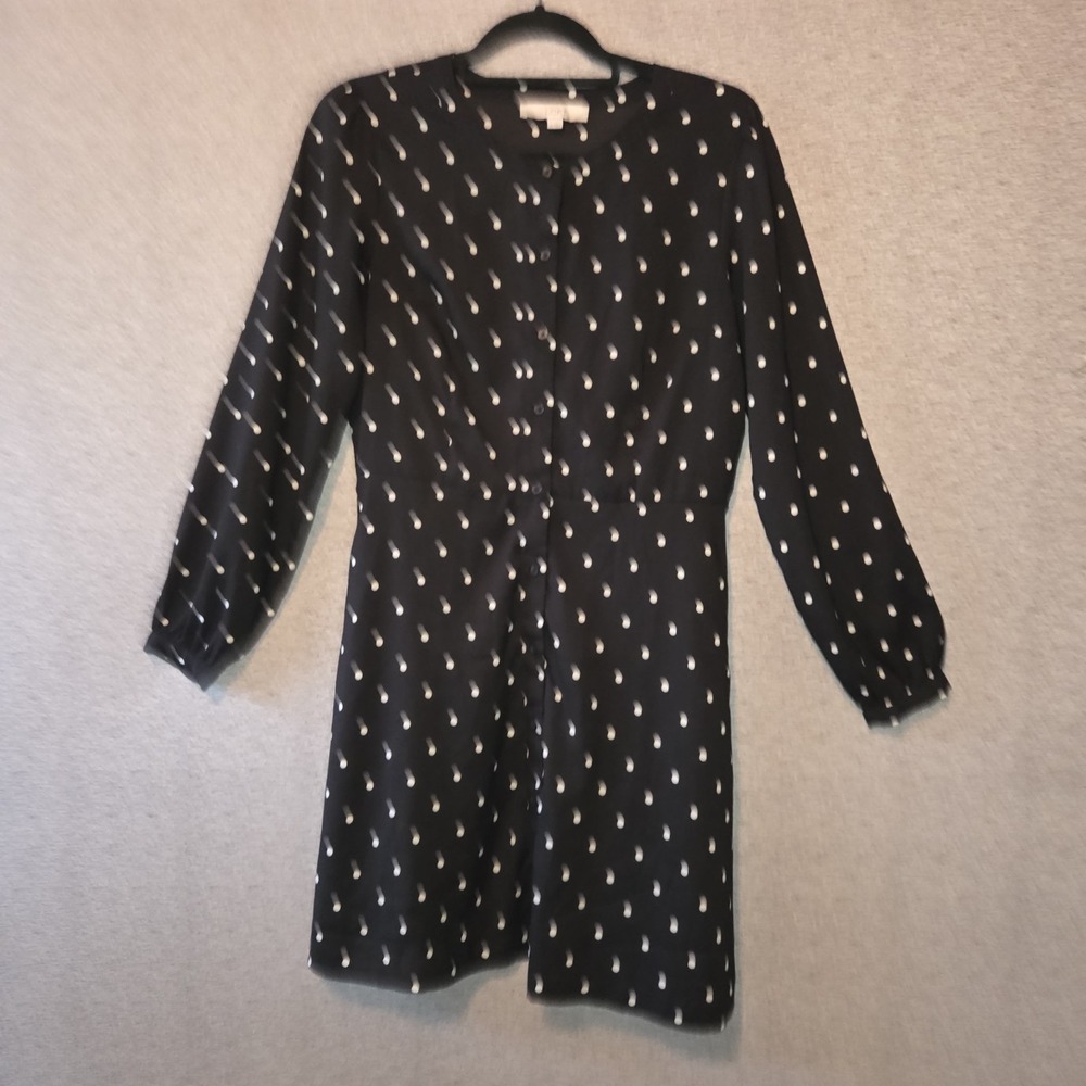 LOFT Polka Dot Dress Women's Size 8 Black & White Button-Front Long Sleeves